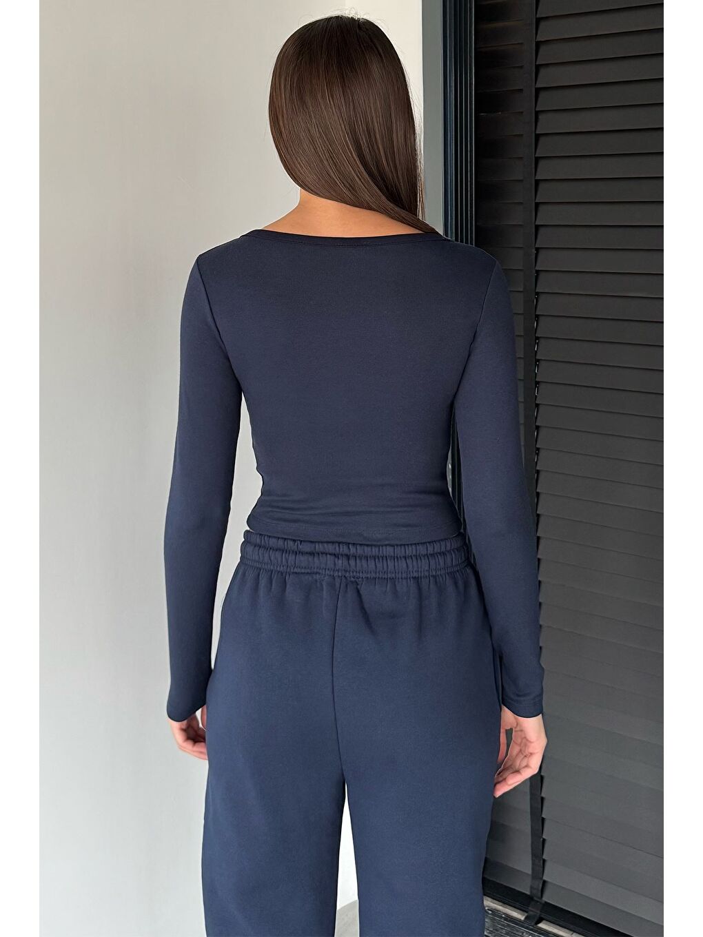 Lacivert Kadın Uzun Kol Basic Elastanlı Slim Fit Body Bluz-3