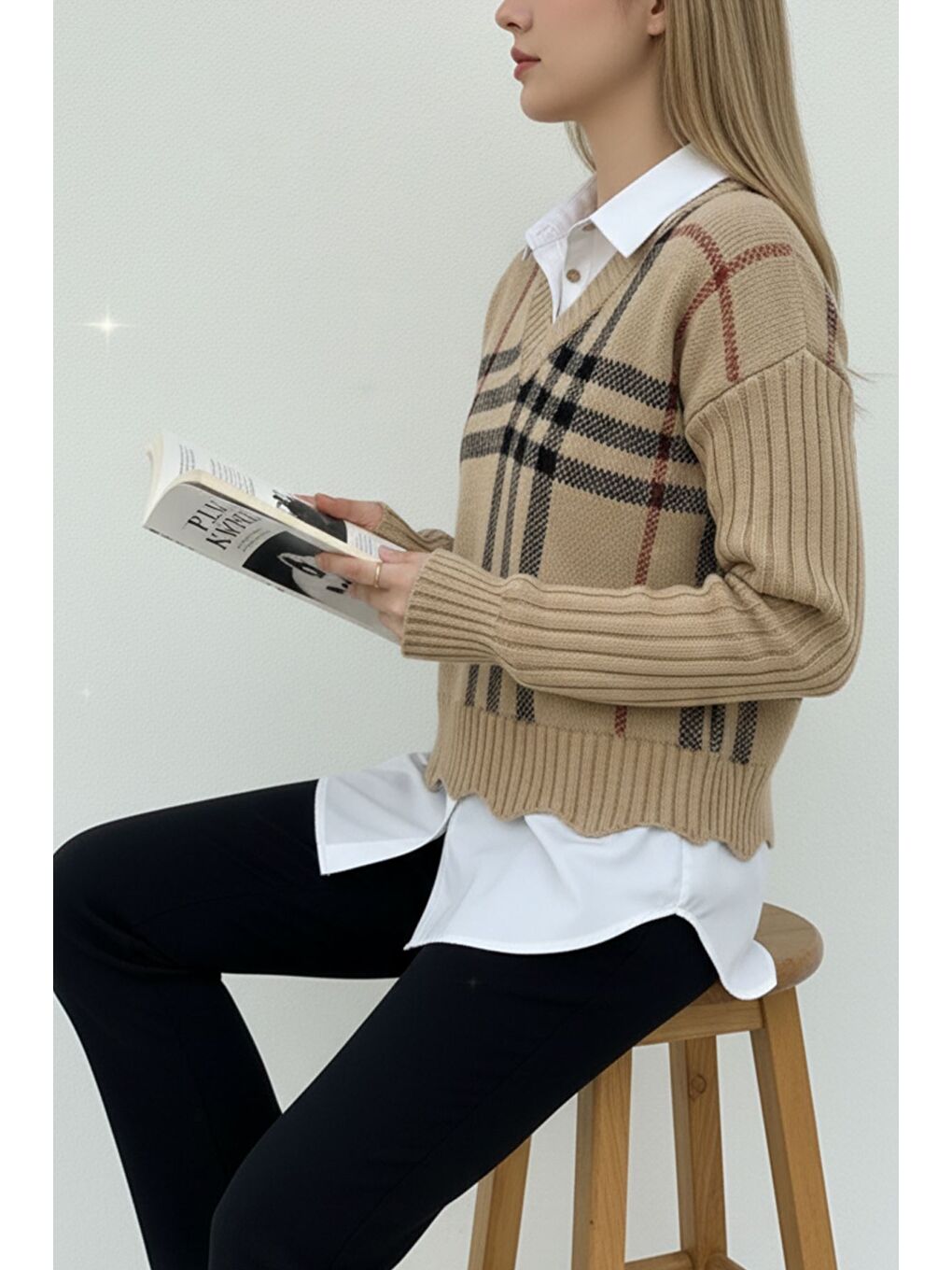 Ekru Gömlek Garnili Desenli Triko Bluz-1