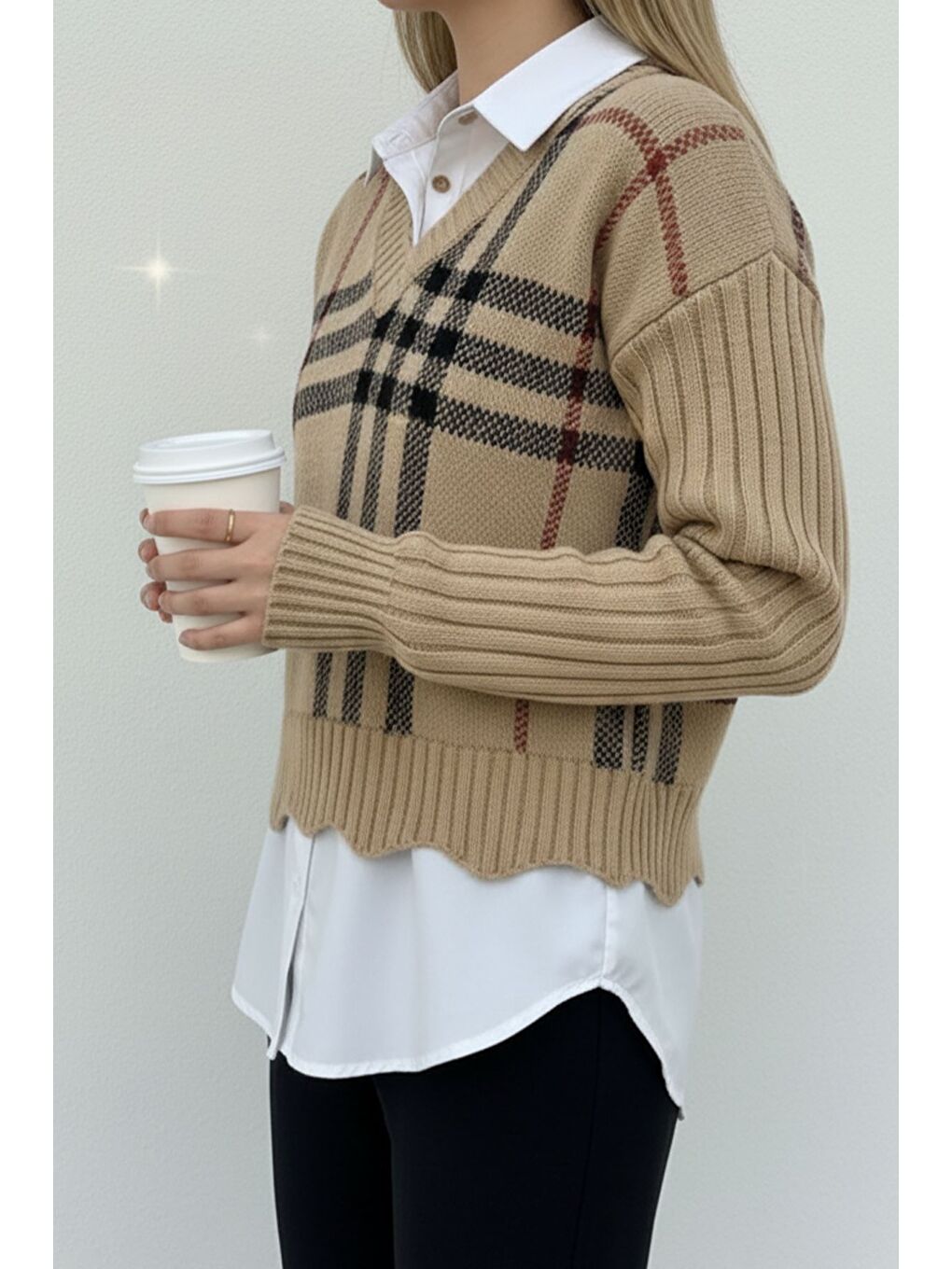 Ekru Gömlek Garnili Desenli Triko Bluz-2