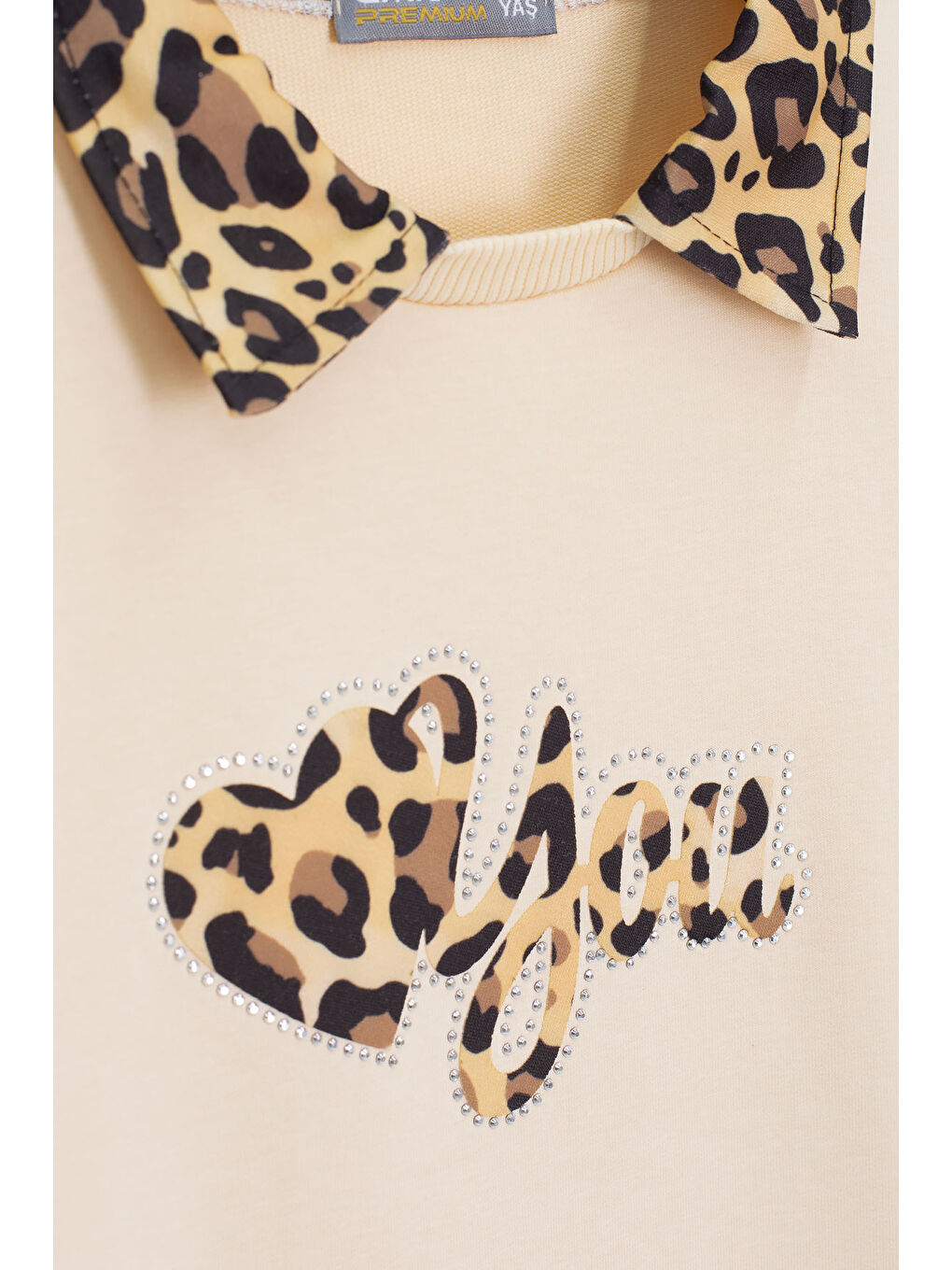 Ekru Krem Leopar Şerit Detaylı Kalpli Kız Çocuk Alt Üst 2li Takım 20666-1