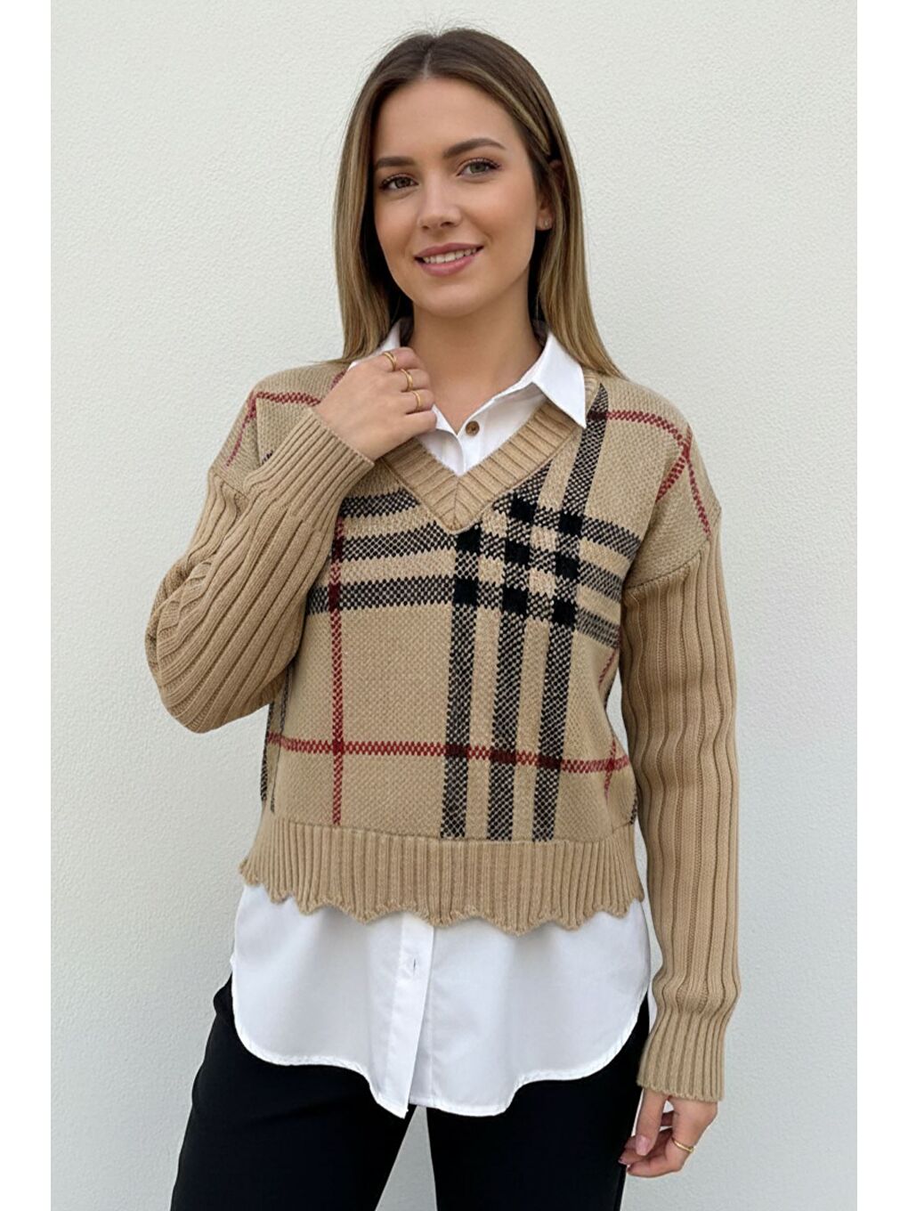 Ekru Gömlek Garnili Desenli Triko Bluz-3