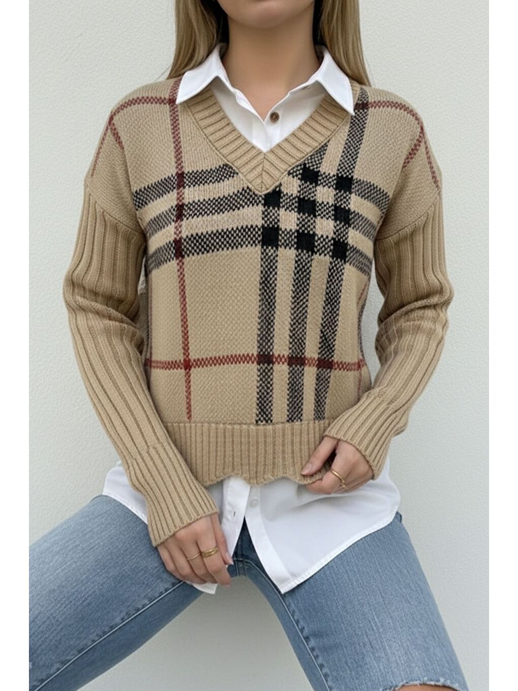 Ekru Gömlek Garnili Desenli Triko Bluz-4