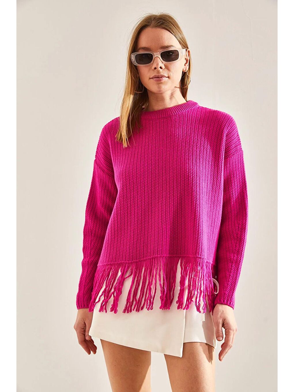 Fuşya Kadın Etek Ucu Püsküllü Triko Kazak
