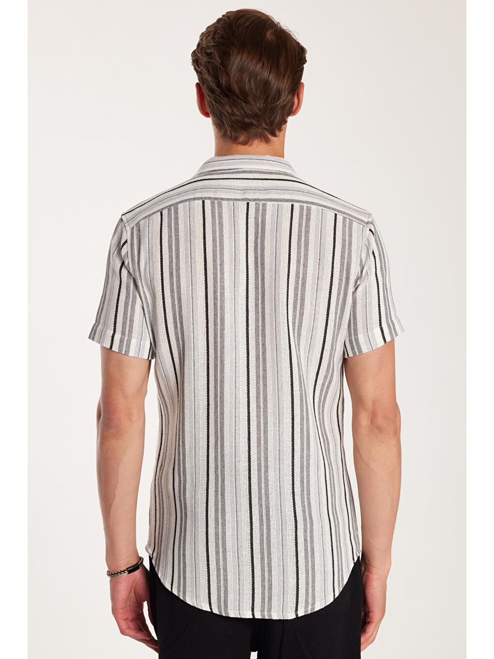 Karışık Erkek Slim Fit Dar Kesim Pamuklu Rahat Kullanım Çizgili Kısa Kollu Apaş Yaka Gömlek-4