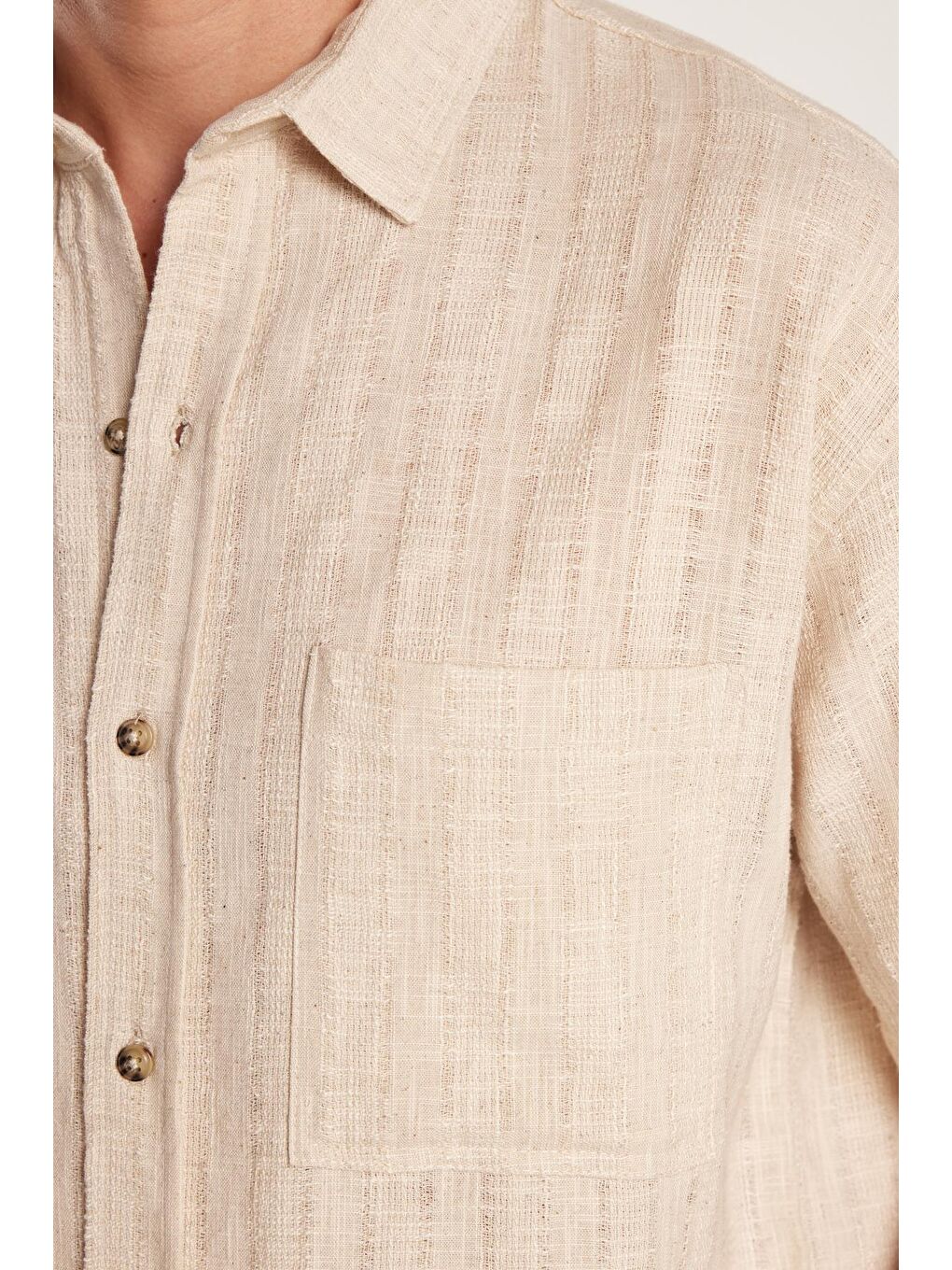 Bej Erkek Relax Fit Premium Seri Pamuklu Keten Kısa Kollu Cepli Spor Yaka Taş Gömlek-2