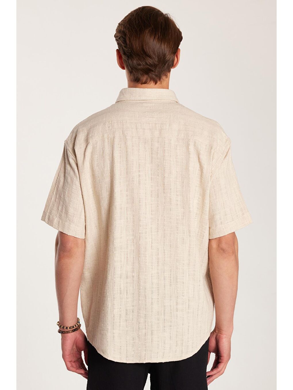 Bej Erkek Relax Fit Premium Seri Pamuklu Keten Kısa Kollu Cepli Spor Yaka Taş Gömlek-4