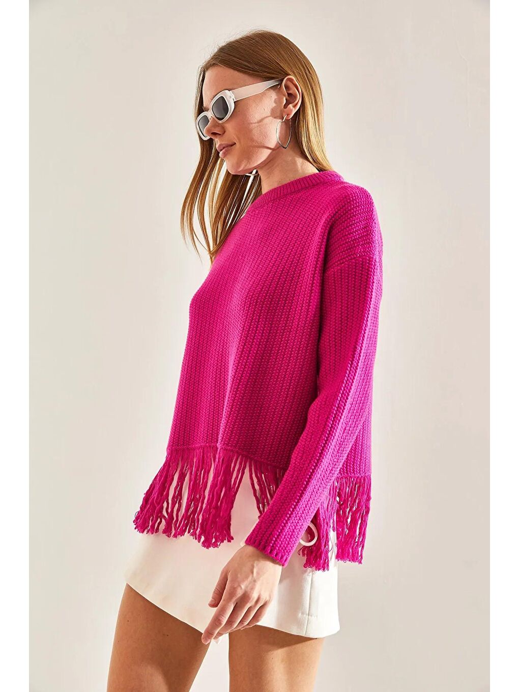 Fuşya Kadın Etek Ucu Püsküllü Triko Kazak-1