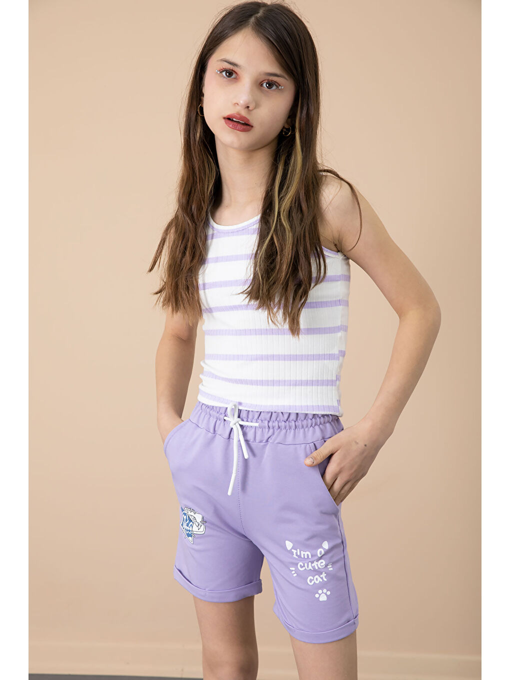 Lila Patili Cute Baskılı Kız Çocuk Beli Lastikli Şort 20733