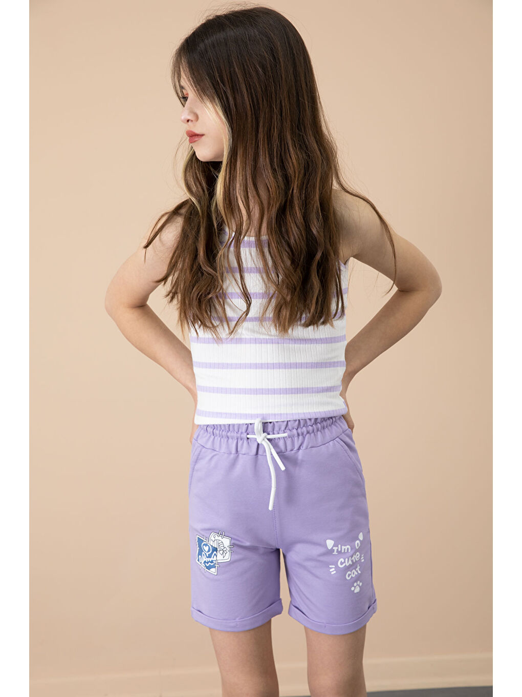 Lila Patili Cute Baskılı Kız Çocuk Beli Lastikli Şort 20733-2