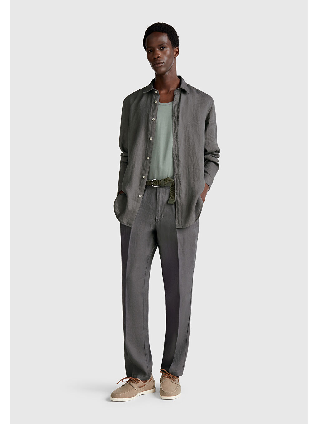 Erkek Gri %100 Keten Pantolon-4