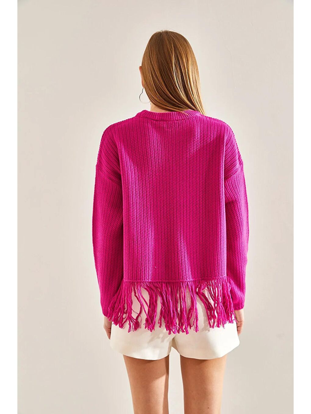 Fuşya Kadın Etek Ucu Püsküllü Triko Kazak-2