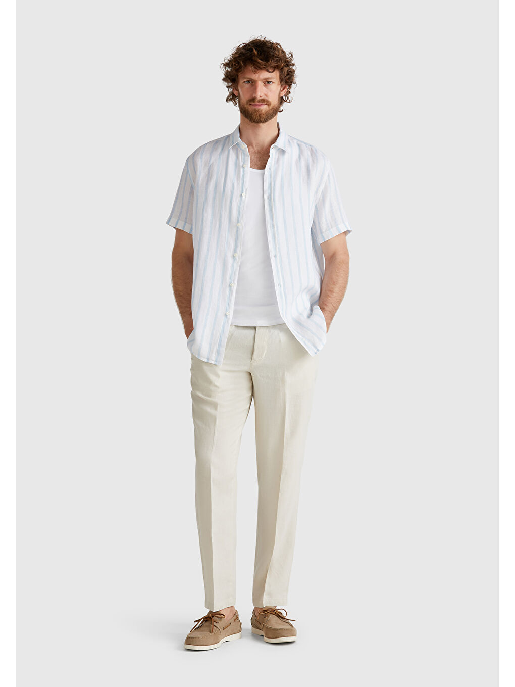 Bej Erkek Taş Rengi %100 Keten Pantolon-4