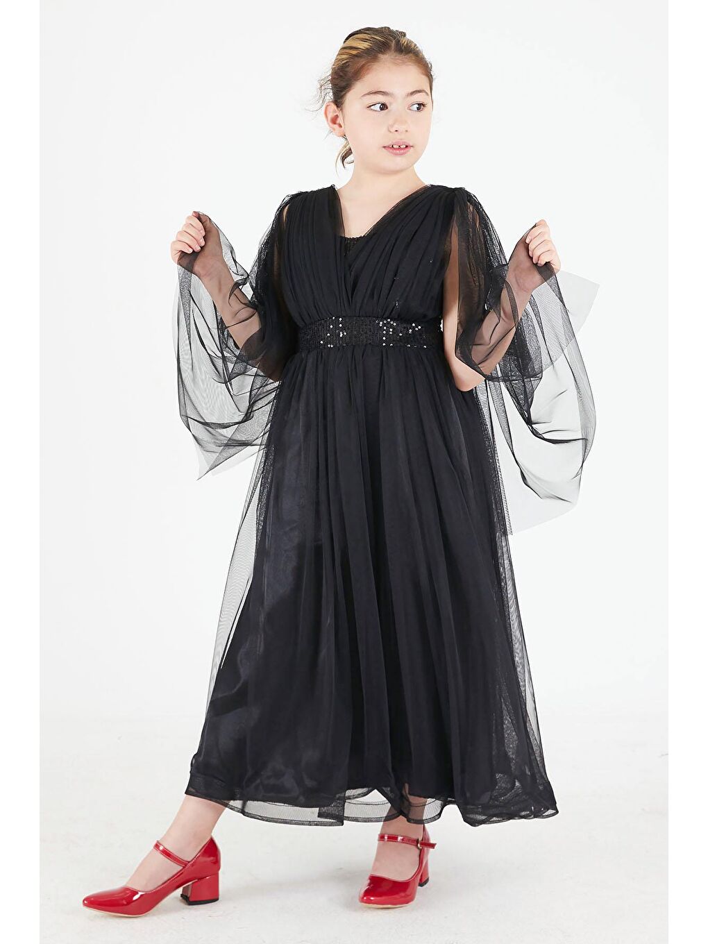 Siyah Pelerinli Tüllü Kız Abiye Elbise 15681-2