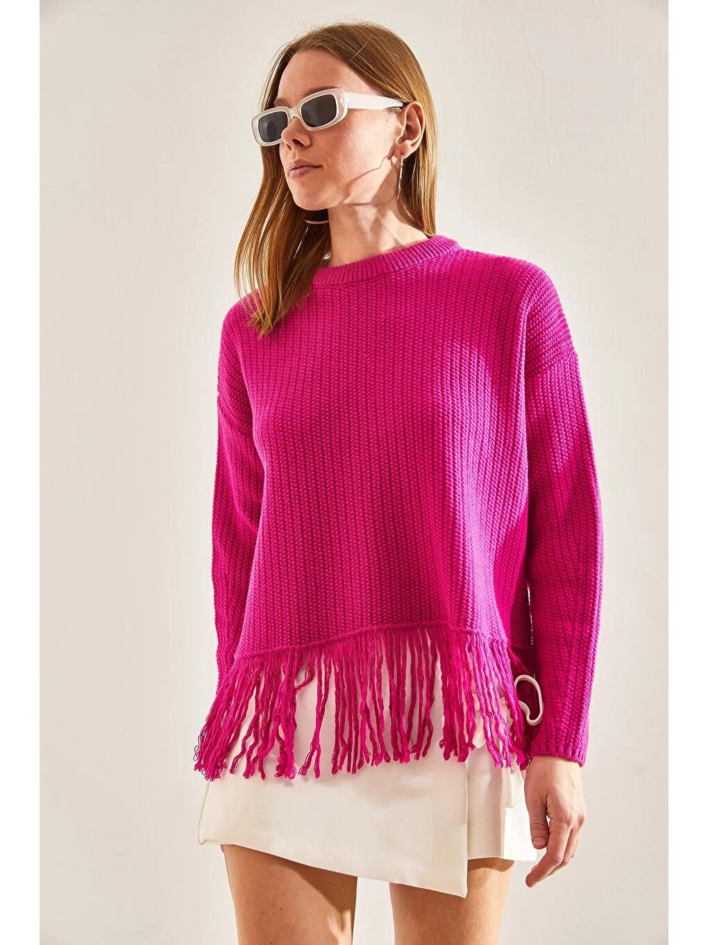 Fuşya Kadın Etek Ucu Püsküllü Triko Kazak-3