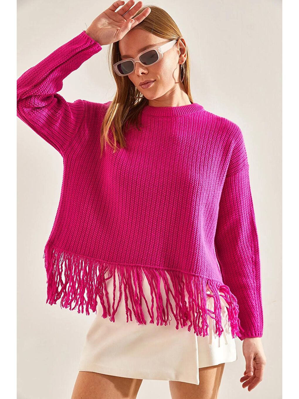 Fuşya Kadın Etek Ucu Püsküllü Triko Kazak-4