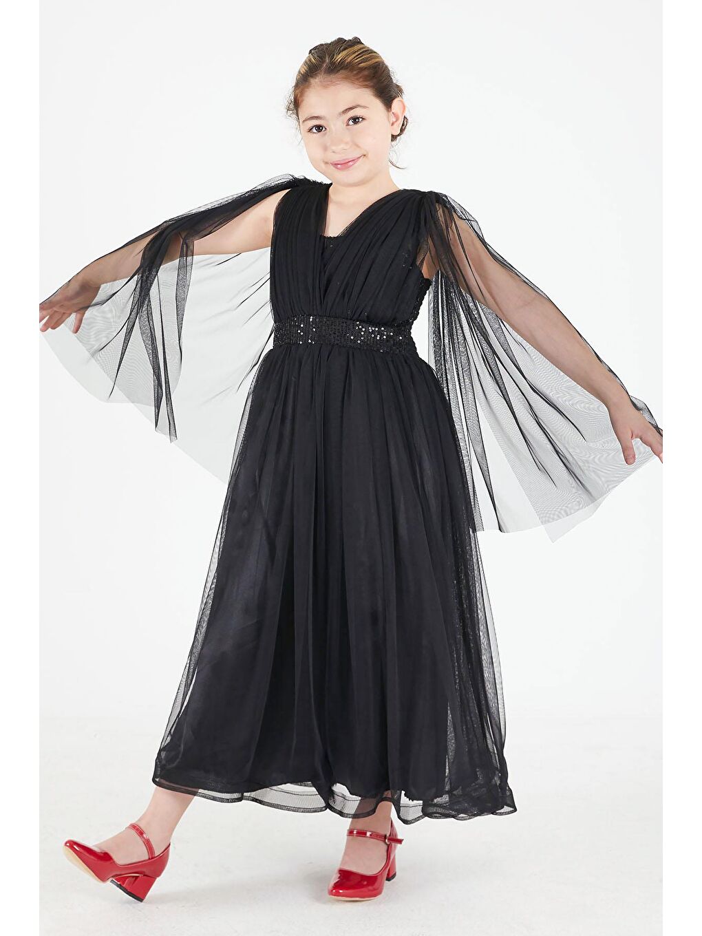 Siyah Pelerinli Tüllü Kız Abiye Elbise 15681-4