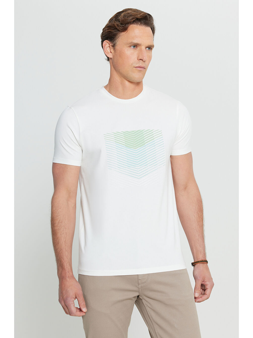 Erkek Ekru Pamuklu Slim Fit Dar Kesim Bisiklet Yaka Baskılı Esnek Tişört