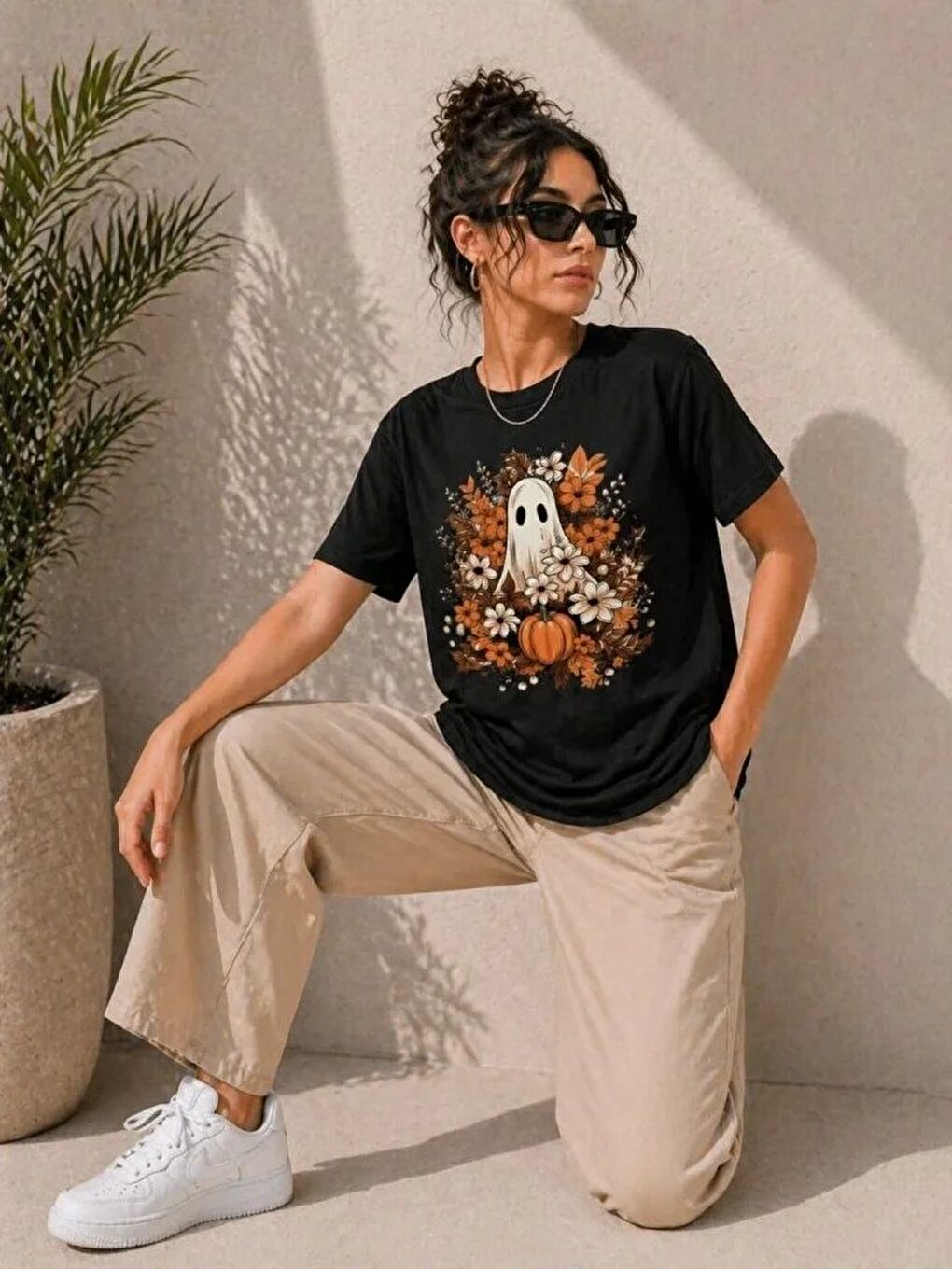 Balkabağı Hayalet Baskılı Tişört Kısa Kol Yazlık T-Shirt - Siyah-1