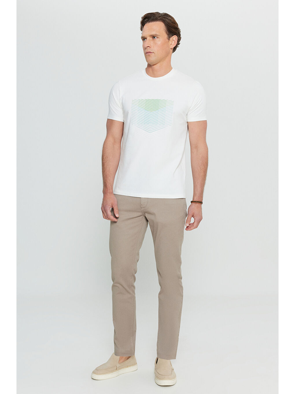 Erkek Ekru Pamuklu Slim Fit Dar Kesim Bisiklet Yaka Baskılı Esnek Tişört-1