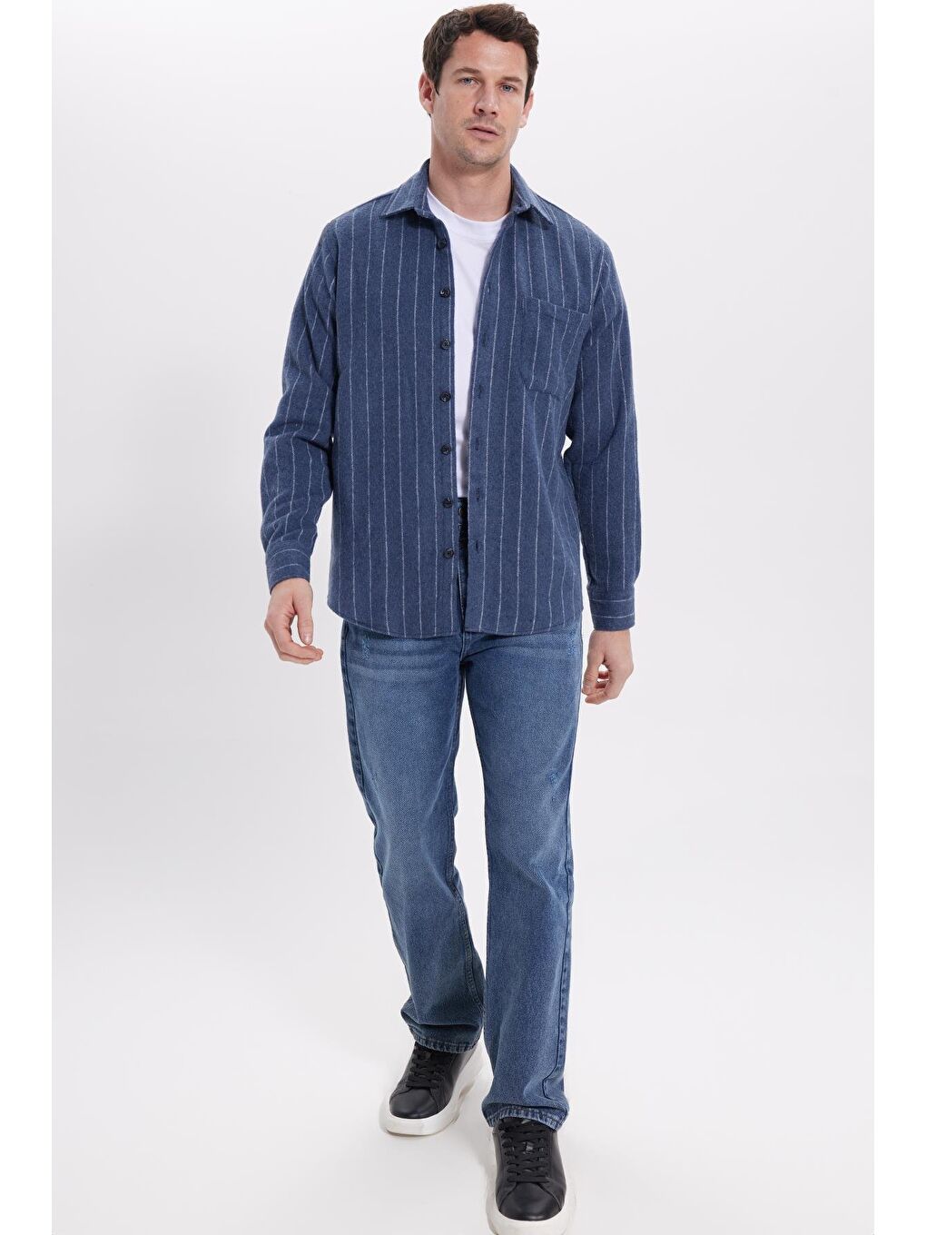 Karışık Erkek Regular Fit Klasik Kesim Çizgili Çift Cep Kapaklı Oduncu Gömlek-3
