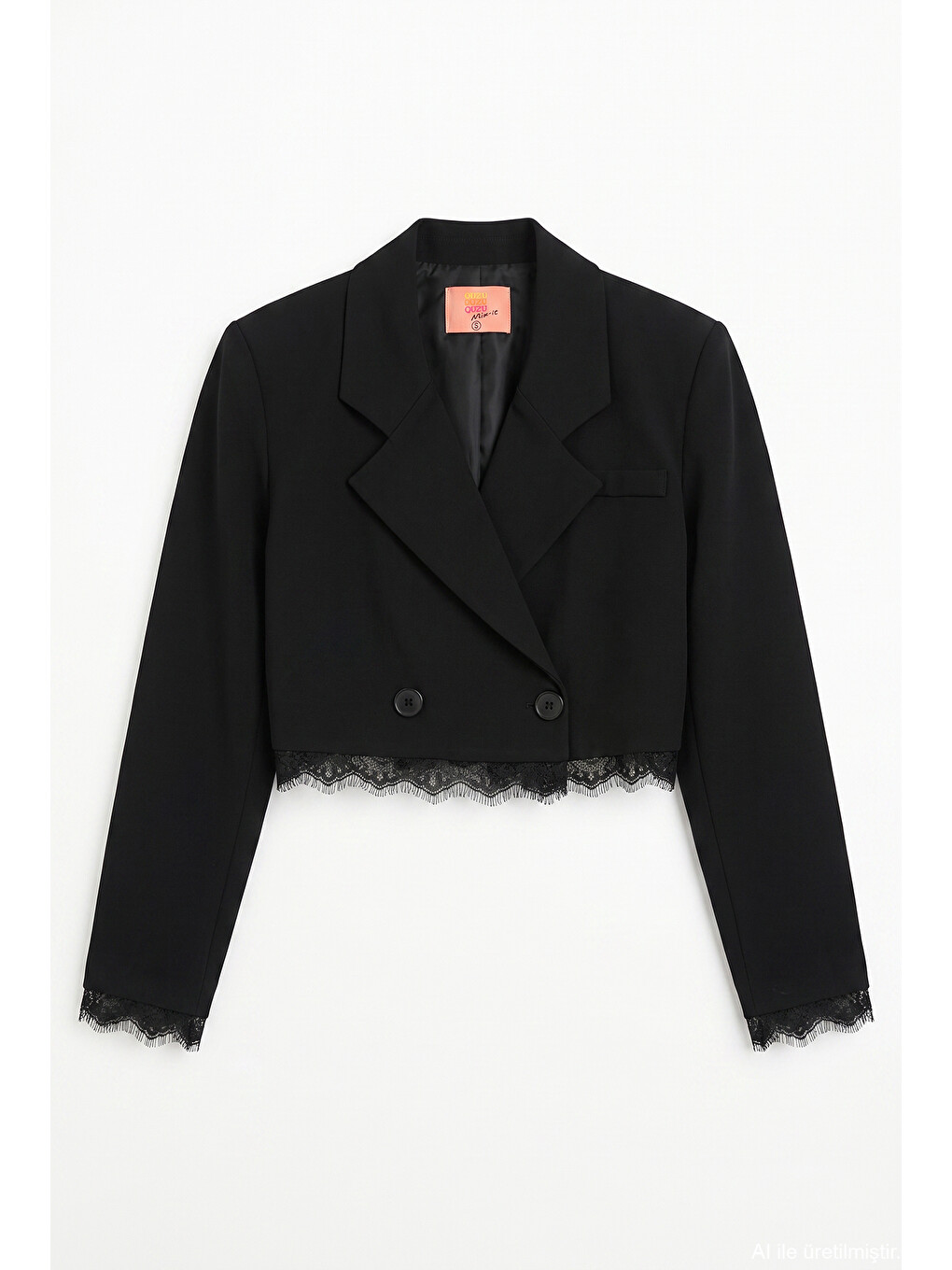 Dantel Garnili Crop Blazer Ceket Siyah