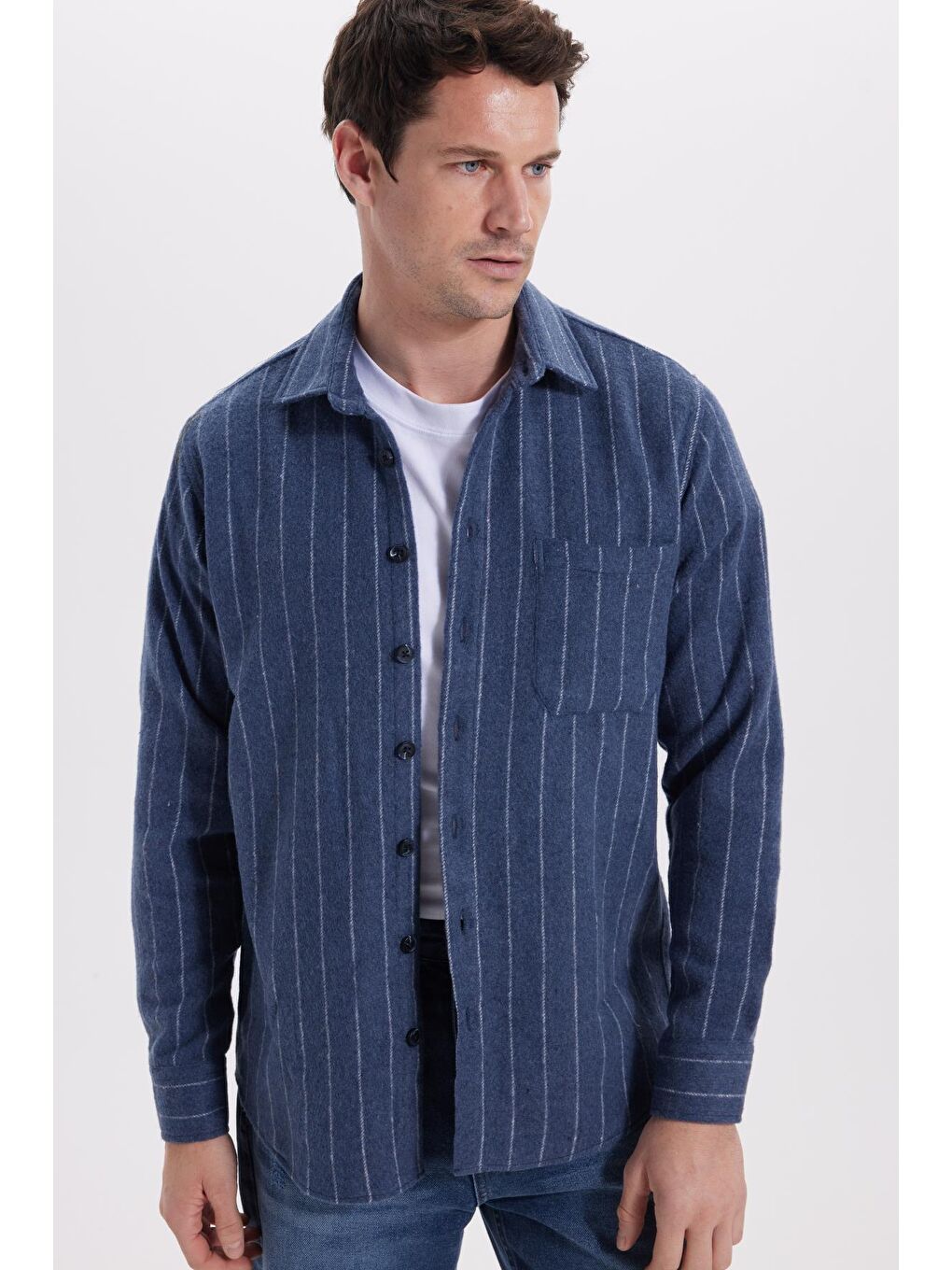 Karışık Erkek Regular Fit Klasik Kesim Çizgili Çift Cep Kapaklı Oduncu Gömlek-4
