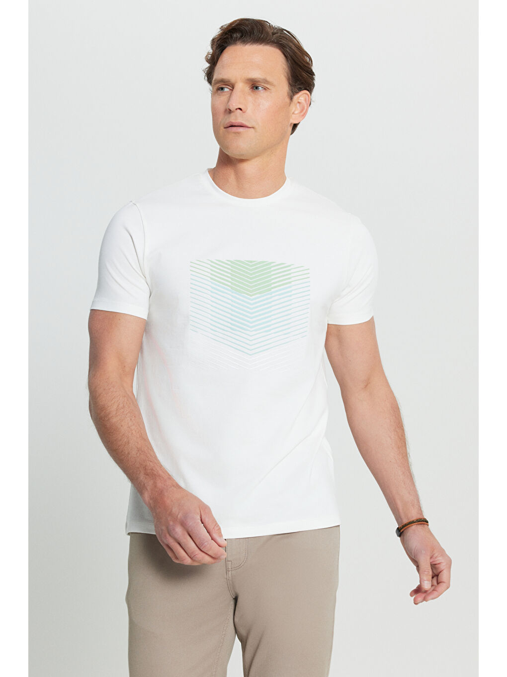 Erkek Ekru Pamuklu Slim Fit Dar Kesim Bisiklet Yaka Baskılı Esnek Tişört-2