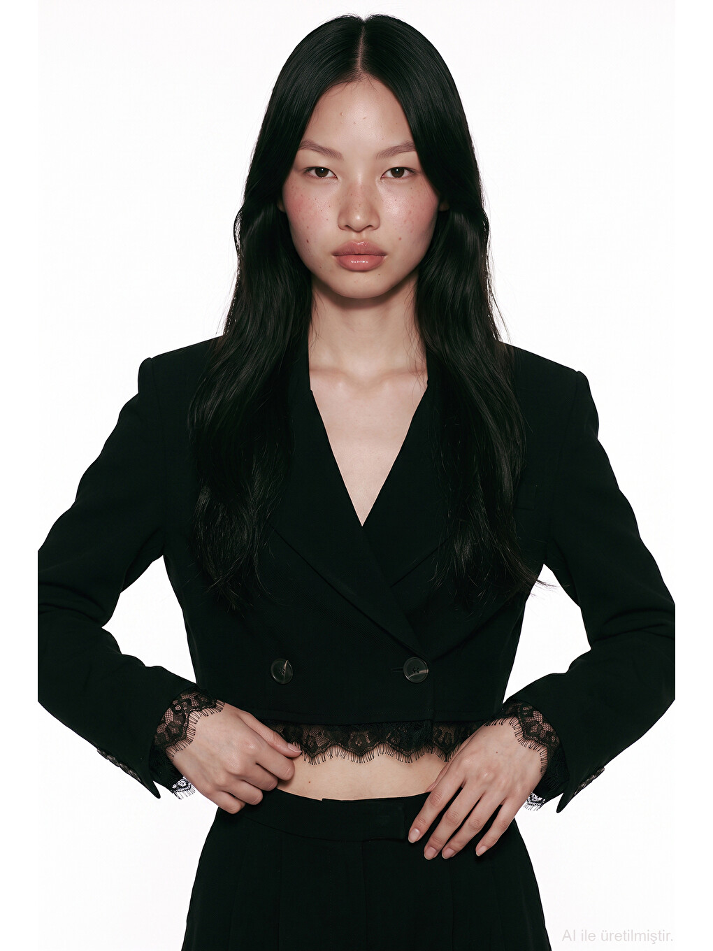 Dantel Garnili Crop Blazer Ceket Siyah-1