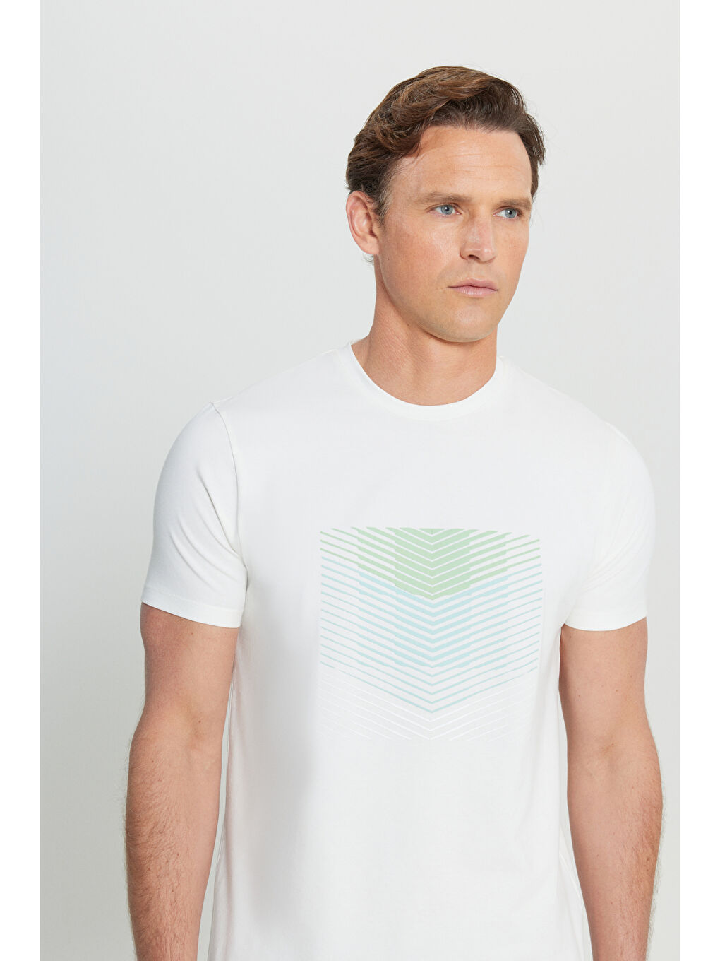 Erkek Ekru Pamuklu Slim Fit Dar Kesim Bisiklet Yaka Baskılı Esnek Tişört-3