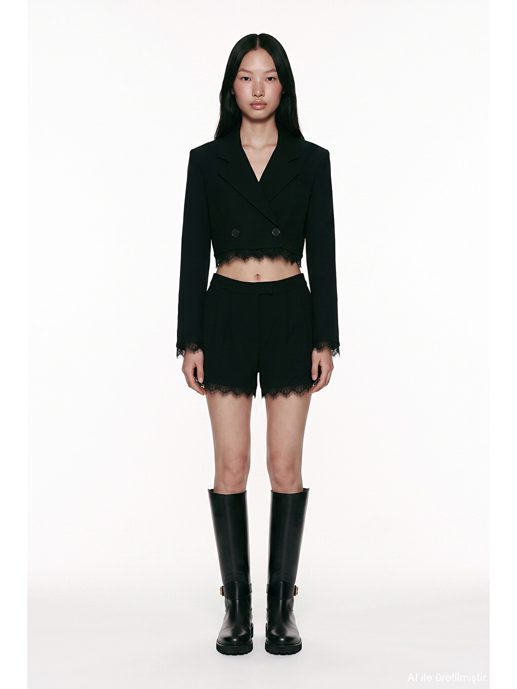 Dantel Garnili Crop Blazer Ceket Siyah-2