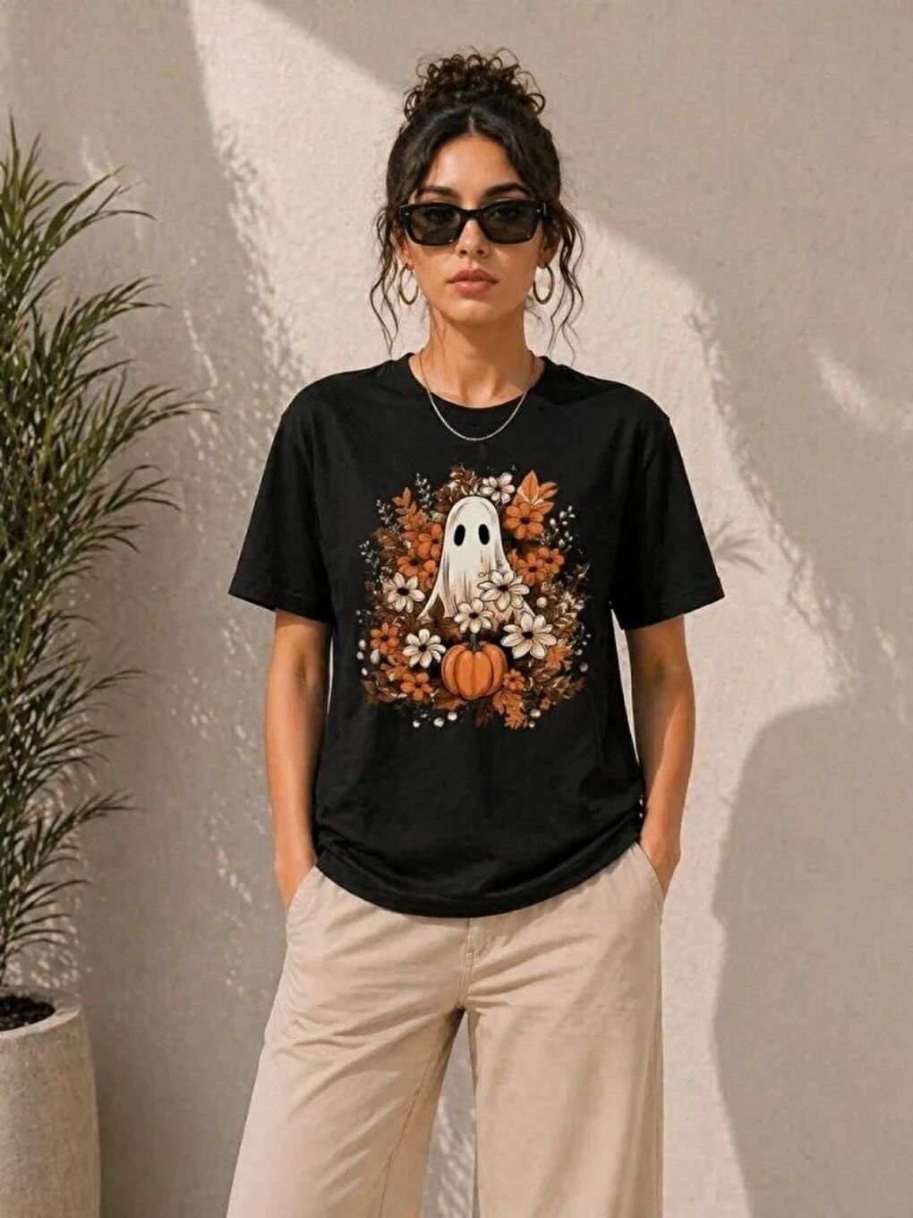 Balkabağı Hayalet Baskılı Tişört Kısa Kol Yazlık T-Shirt - Siyah-2