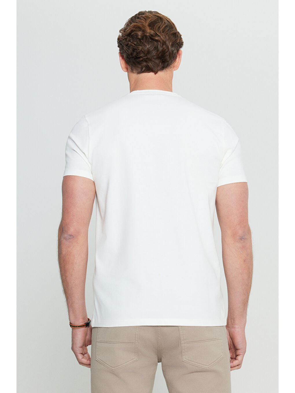 Erkek Ekru Pamuklu Slim Fit Dar Kesim Bisiklet Yaka Baskılı Esnek Tişört-4