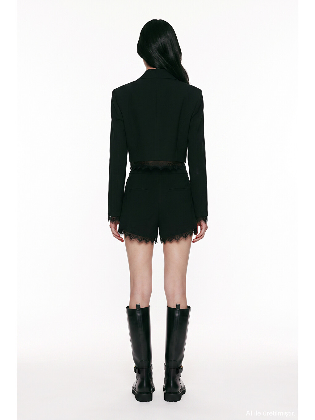 Dantel Garnili Crop Blazer Ceket Siyah-3