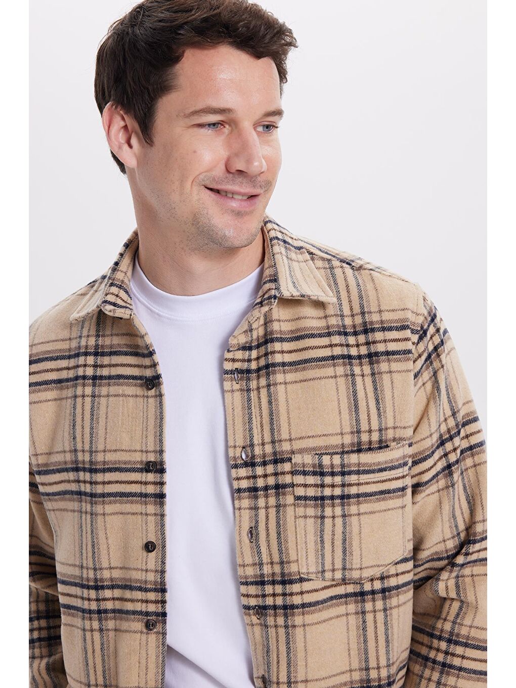 Bej Erkek Regular Fit Rahat Kesim Kışlık Kareli Oduncu Gömlek-1