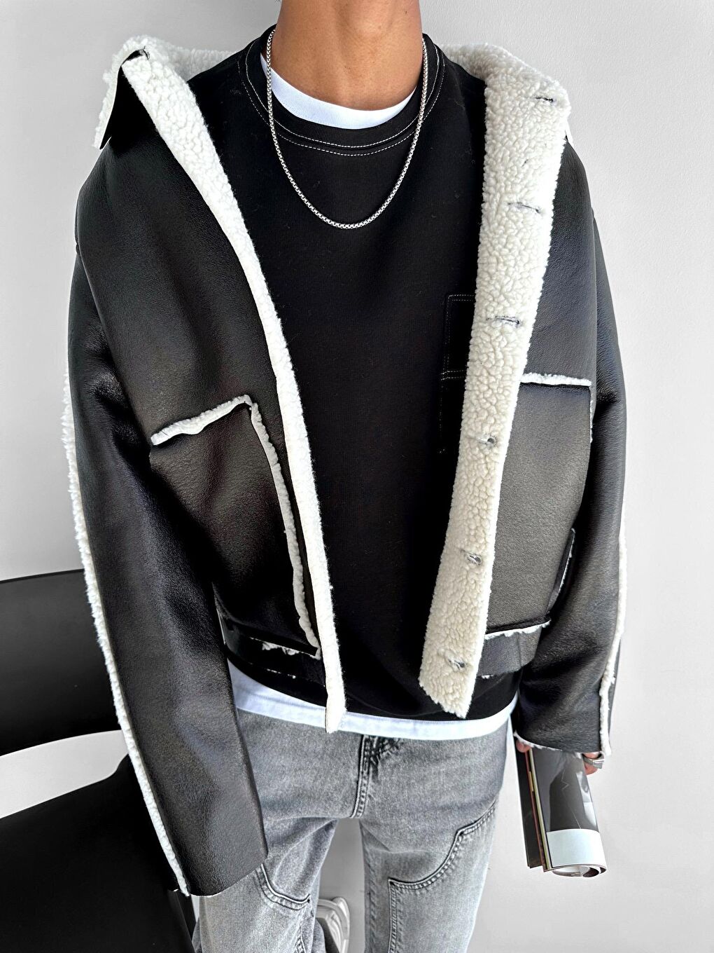 Erkek Deri Pelüş Ceket Siyah