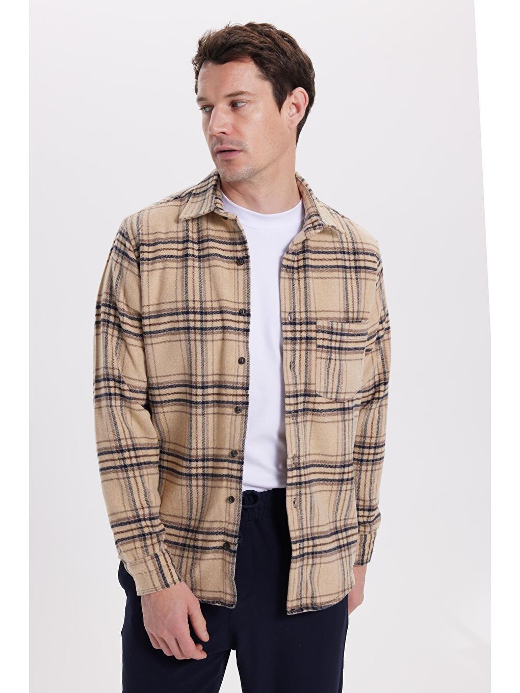 Bej Erkek Regular Fit Rahat Kesim Kışlık Kareli Oduncu Gömlek-4