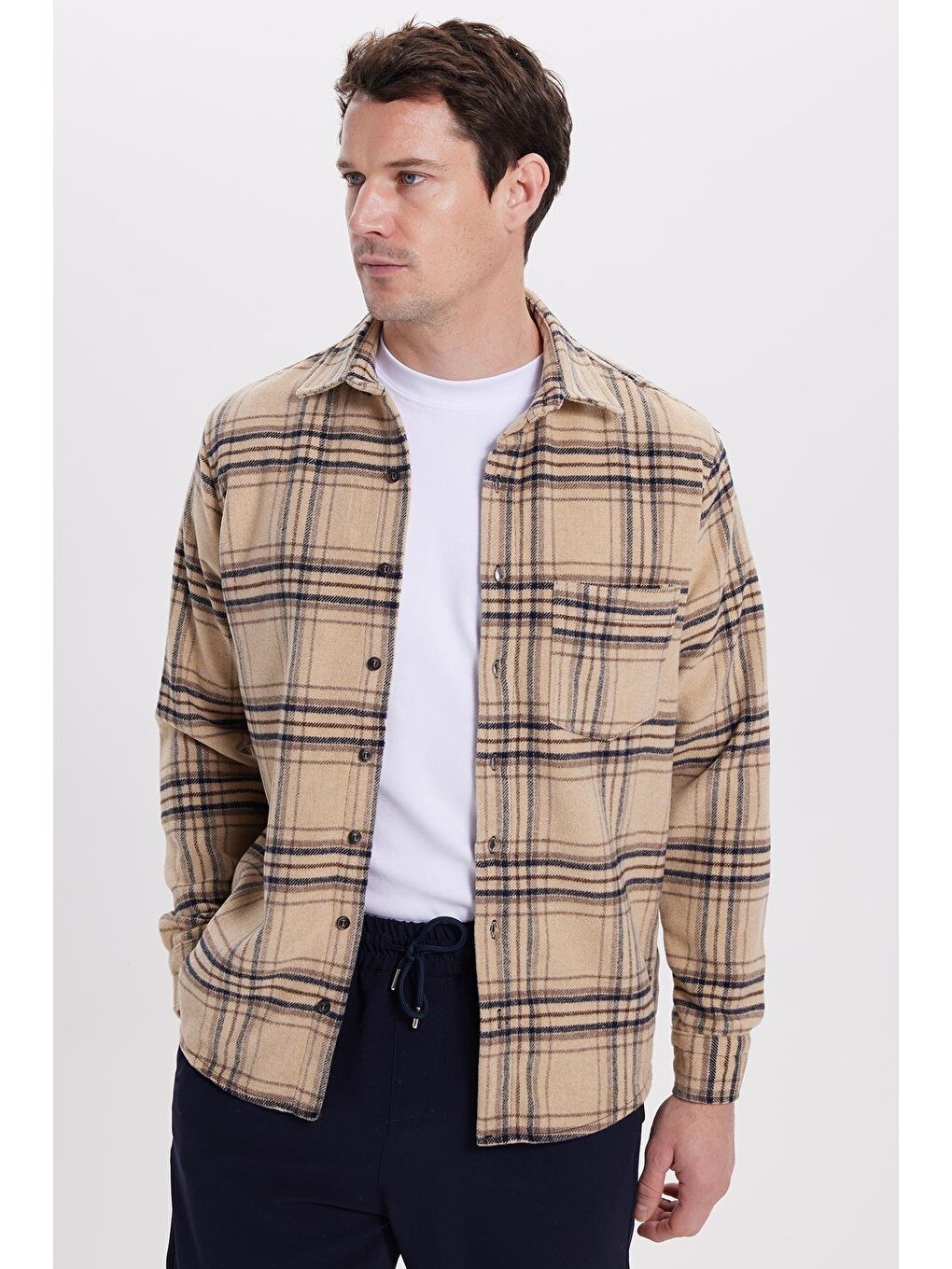 Bej Erkek Regular Fit Rahat Kesim Kışlık Kareli Oduncu Gömlek-5