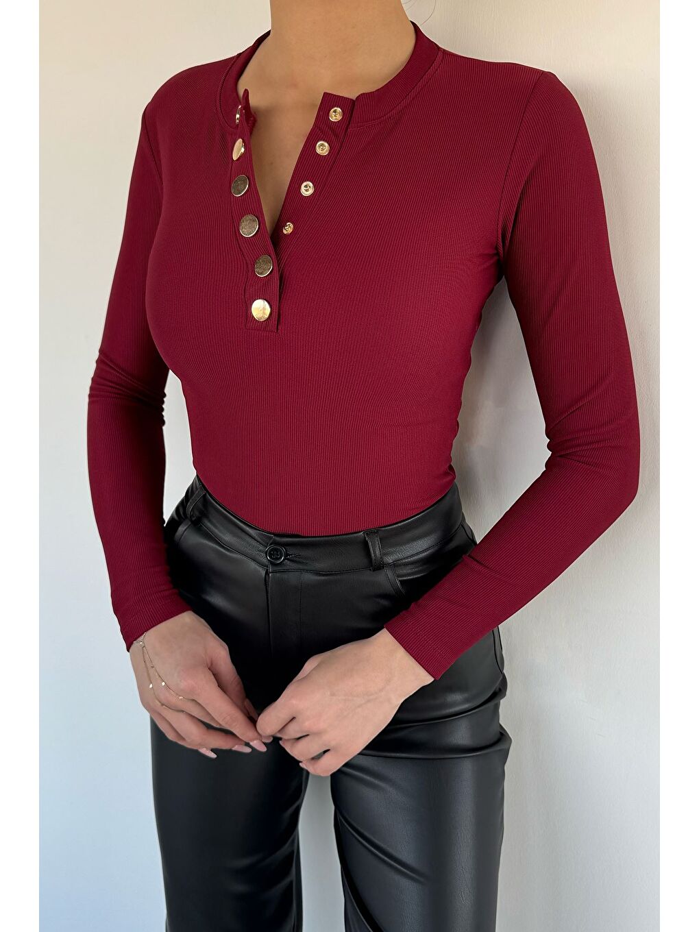 Bordo Kadın Gold Çıtçıtlı Kendinden Çizgi Desenli Bluz