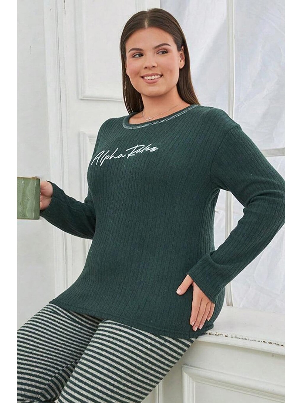 Yeşil Love Baskılı Büyük Beden Pijama Takımı