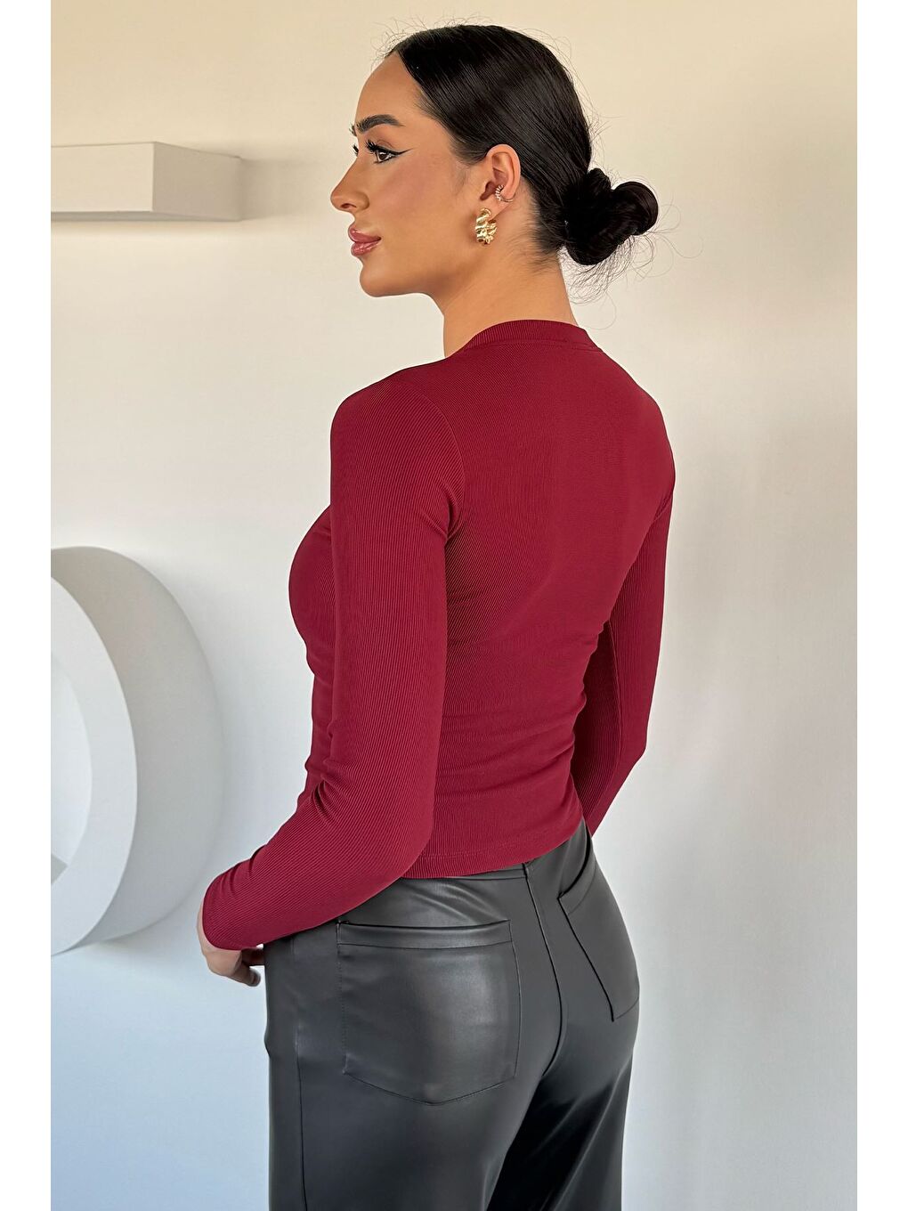 Bordo Kadın Gold Çıtçıtlı Kendinden Çizgi Desenli Bluz-3