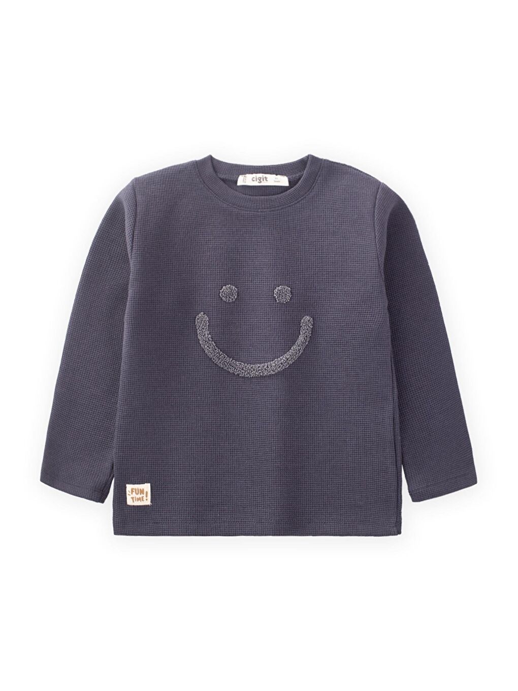 CİGİT Füme Smile Süzene Nakışlı Waffle Sweatshirt 2-10 Yaş Füme