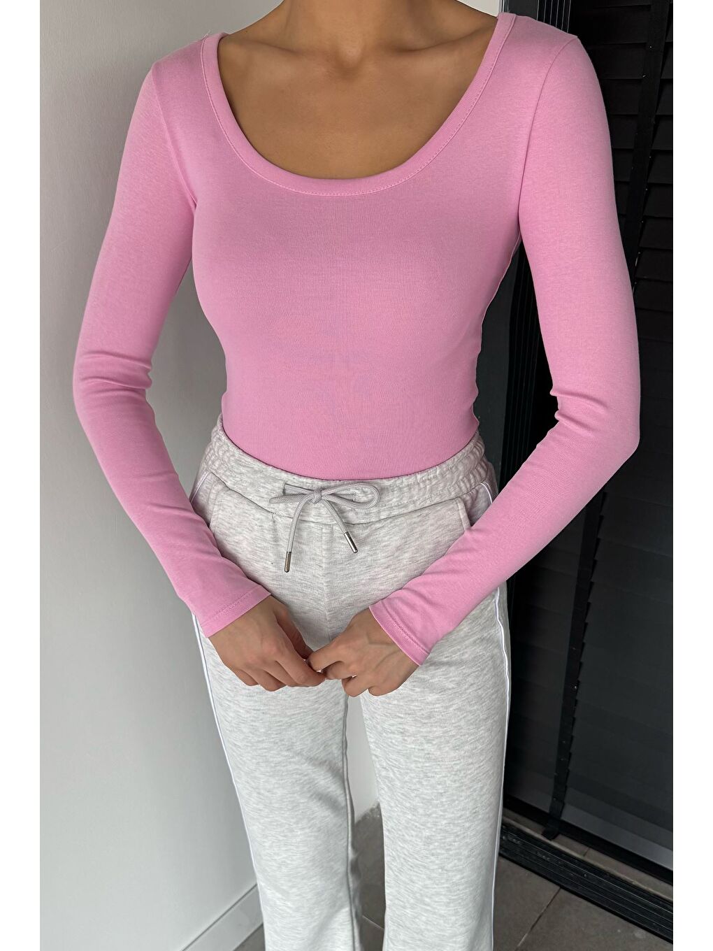 Pembe Kadın Uzun Kol Basic Elastanlı Slim Fit Body Bluz