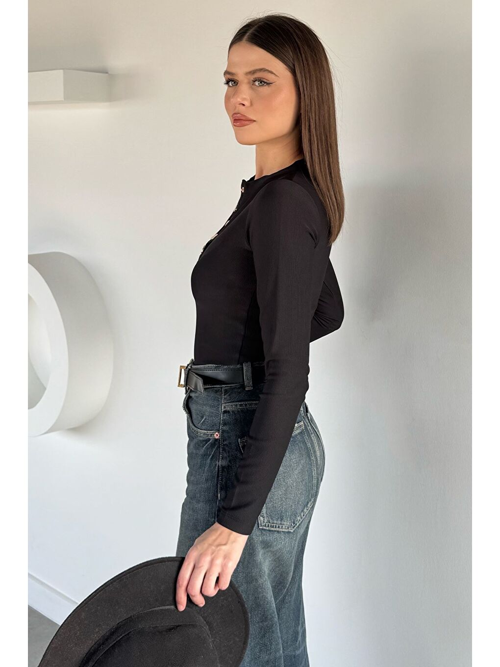 Siyah Kadın Gold Çıtçıtlı Kendinden Çizgi Desenli Bluz-3