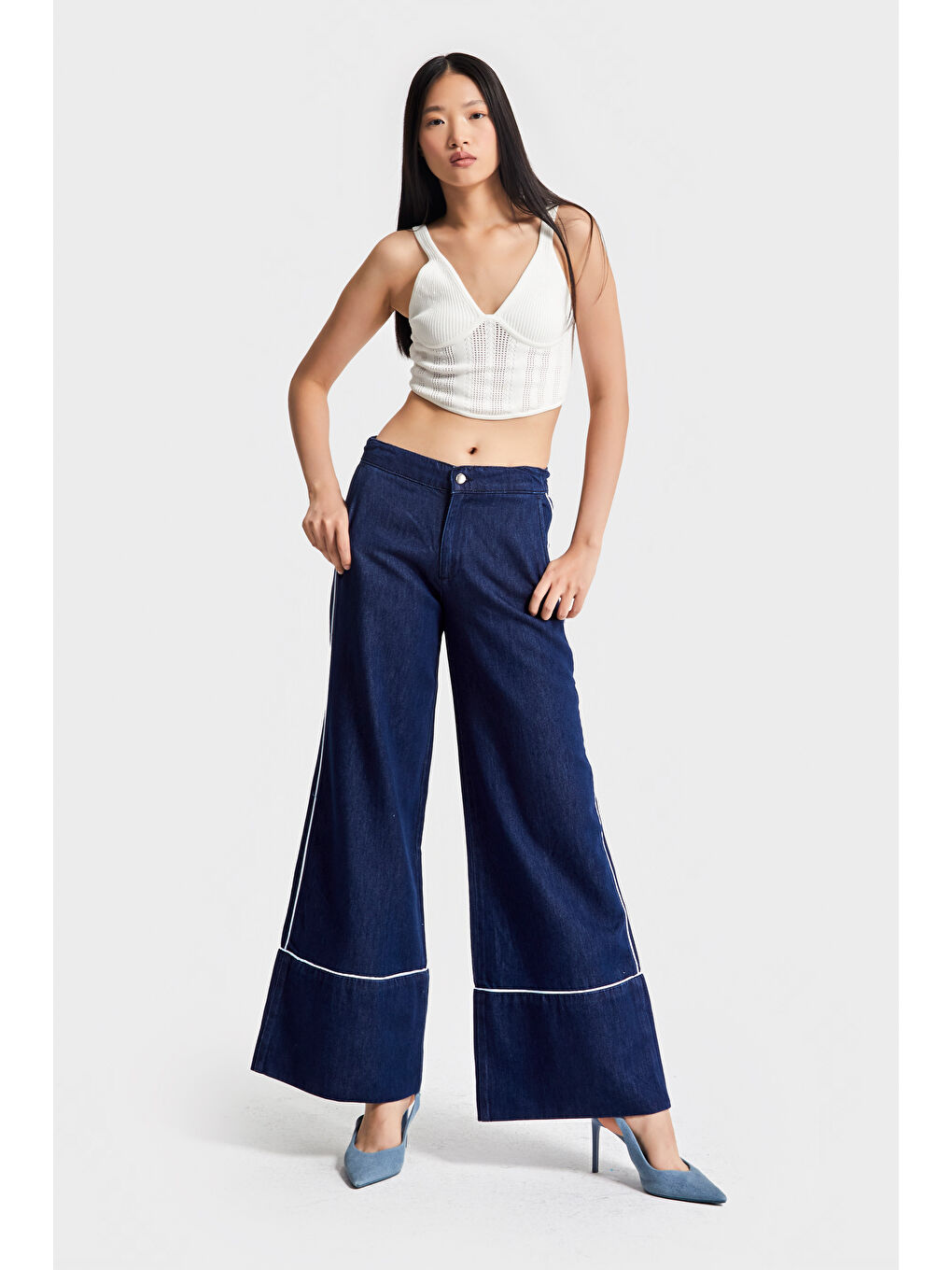 Kadın Lacivert Renk 7w5-50/1 Wide Leg Fit Şerit Detaylı Tasarım Denim Jean-2