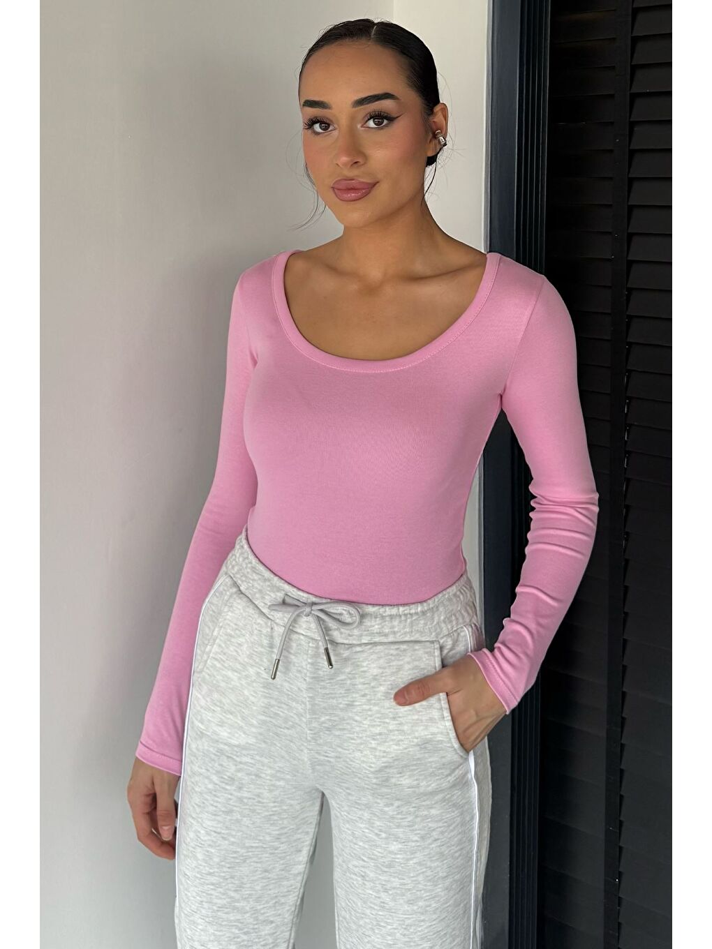 Pembe Kadın Uzun Kol Basic Elastanlı Slim Fit Body Bluz-1