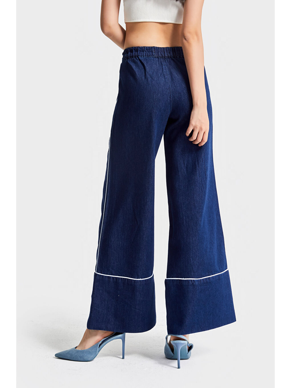 Kadın Lacivert Renk 7w5-50/1 Wide Leg Fit Şerit Detaylı Tasarım Denim Jean-3