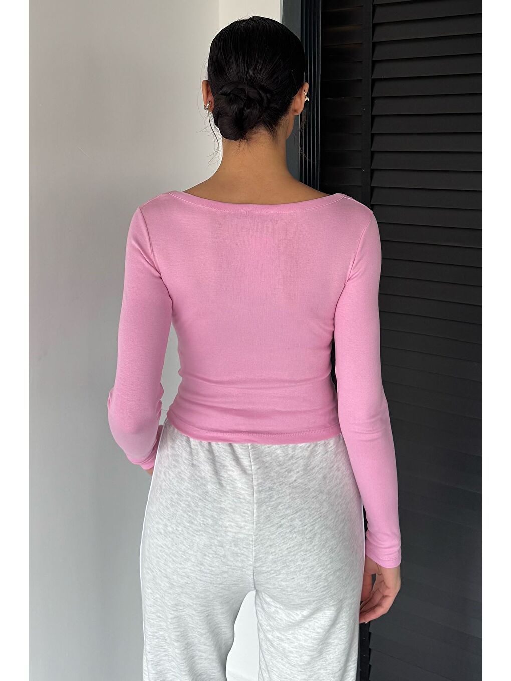 Pembe Kadın Uzun Kol Basic Elastanlı Slim Fit Body Bluz-3
