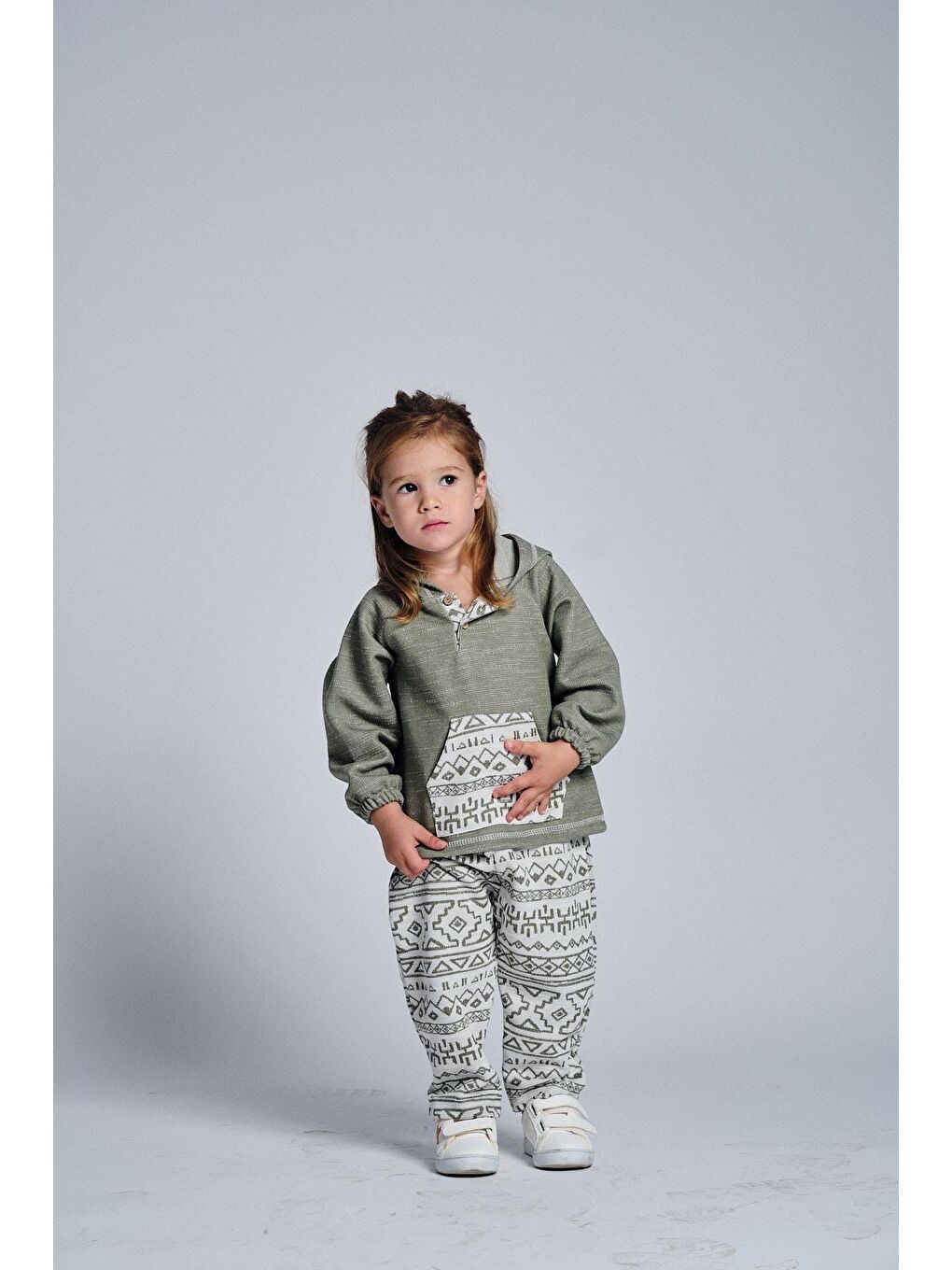 Haki Unisex Etnik Desen Kanguru Cepli 2'li Takım