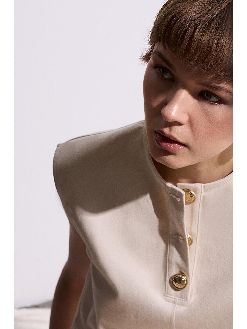 Bej Gold Düğmeli Denim Tunik-1