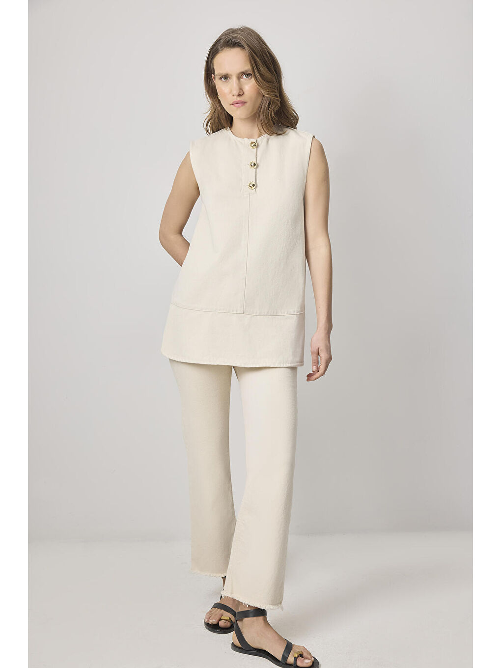 Bej Gold Düğmeli Denim Tunik-2